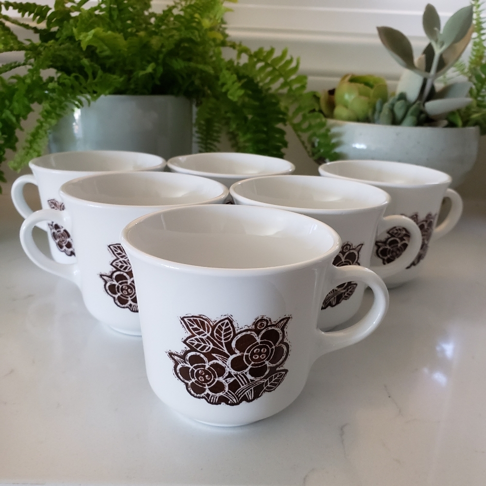 Corelle by Corning Batik Vintage Coffee Cups Set of 6 Chocolate Brown Flowers
